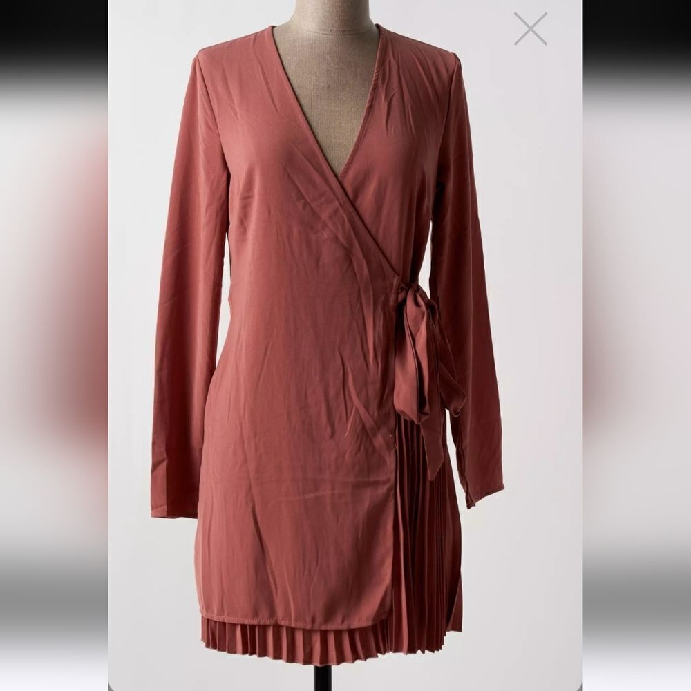 Brown Long Sleeve V-Neck Wrap Dress